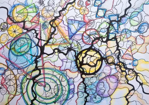 Neurographische Zeichnung mit schwarzen Linien und farbigen Flächen von Freies Bewusstsein