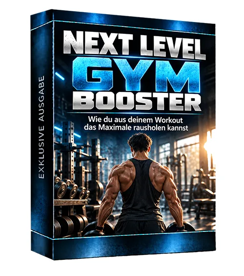Produktbild einer E-Book-Box „Next Level Gym Booster: Wie du aus deinem Workout das Maximale rausholen kannst“ mit Kraftsportler im Fitnessstudio