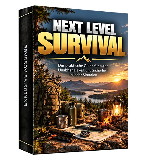 Produktcover von Next Level Survival mit Rucksack, Laterne, Karte und Kompass vor einer Berglandschaft, Aufschrift Exklusive Ausgabe