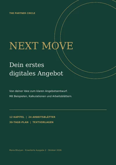 Cover des Arbeitsbuchs „NEXT MOVE – Dein erstes digitales Angebot“ von The Partner Circle, dunkelgrün mit goldener Schrift