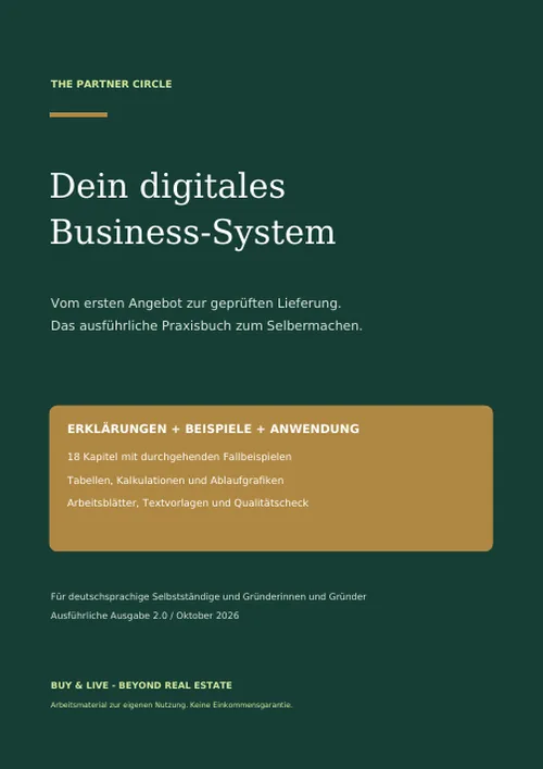 Buchtitel „Dein digitales Business-System“ von The Partner Circle, dunkelgrünes Cover mit goldener Fläche, Ausgabe 2.0 vom Oktober 2026
