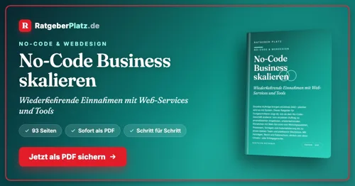Titelgrafik von RatgeberPlatz mit dem Buchcover „No-Code Business skalieren“, 93 Seiten als PDF