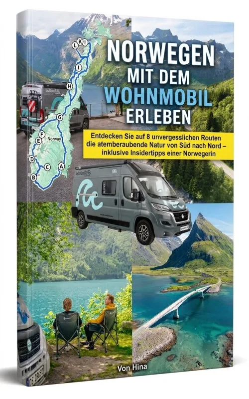 Cover des E-Books „Norwegen mit dem Wohnmobil erleben“ mit Routenkarte, Wohnmobil und Fjordlandschaft