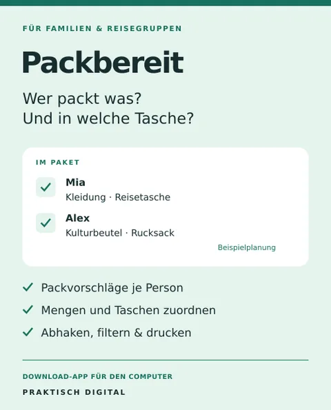 Produktbild der Download-App Packbereit für Packlisten je Person