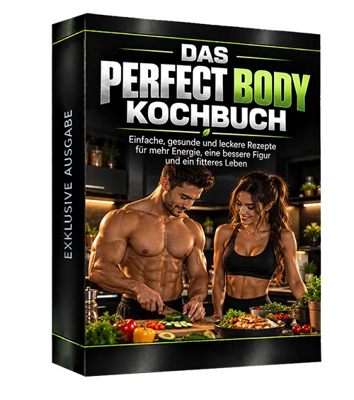 Produktbox des Perfect Body Kochbuchs mit einem Mann und einer Frau beim Kochen in einer Küche
