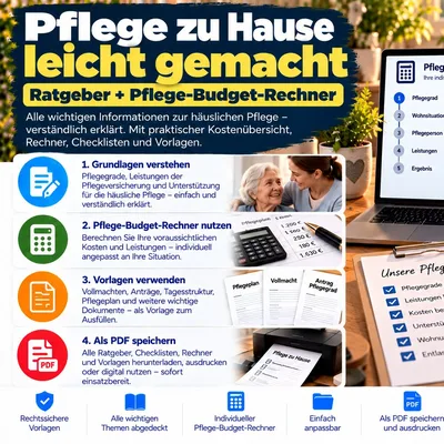 Titelbild des Ratgebers Pflege zu Hause leicht gemacht mit Pflege-Budget-Rechner und Checkliste Pflegeplanung