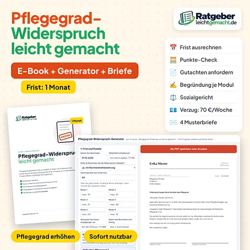 Produktgrafik „Pflegegrad-Widerspruch leicht gemacht – E-Book + Generator + Briefe“ mit Vorschau von E-Book-Seite und Generator
