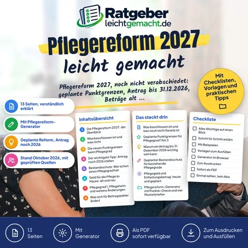 Titelbild des E-Books Pflegereform 2027 leicht gemacht mit Inhaltsübersicht und Checkliste, Logo Ratgeber leichtgemacht.de