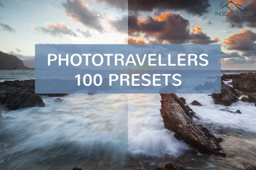 Produktbild „Phototravellers 100 Presets“ mit Küstenfoto in zwei Bearbeitungsvarianten