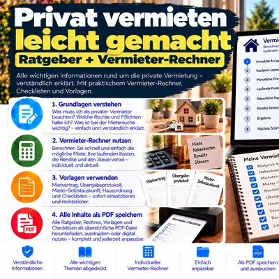 Titelgrafik des Ratgebers „Privat vermieten leicht gemacht – Ratgeber + Vermieter-Rechner“