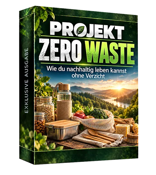 Produktbox „Projekt Zero Waste“ mit Glasbehältern, Brotdose, Obst und Bambusbesteck vor Berglandschaft, Aufschrift Exklusive Ausgabe