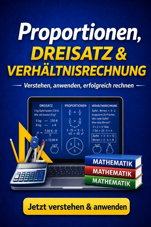 Titelbild des Kurs-Bundles Proportionen, Dreisatz und Verhältnisrechnung mit Laptop, Taschenrechner und drei Mathematikbüchern