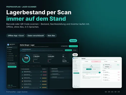 Titelgrafik des ProPraxisPlan Lager-Scanners mit dem Schriftzug „Lagerbestand per Scan immer auf dem Stand“ und App-Oberfläche in hellem und dunklem Modus