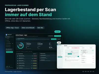 Titelgrafik des ProPraxisPlan Lager-Scanners mit dem Schriftzug „Lagerbestand per Scan immer auf dem Stand“ und App-Oberfläche in hellem und dunklem Modus
