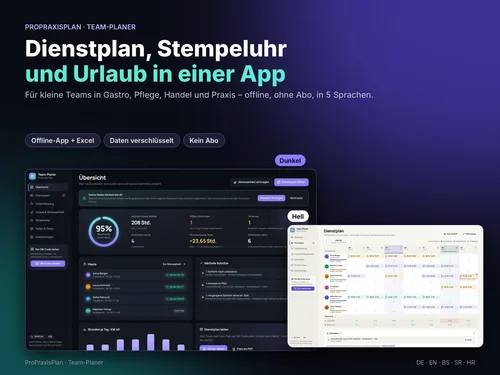 Titelgrafik „Dienstplan, Stempeluhr und Urlaub in einer App“ des ProPraxisPlan Team-Planers mit App-Oberfläche