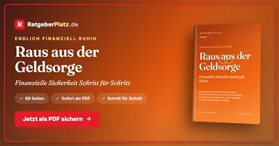 Titelgrafik mit dem Buchcover „Raus aus der Geldsorge – Finanzielle Sicherheit Schritt für Schritt“ von RatgeberPlatz