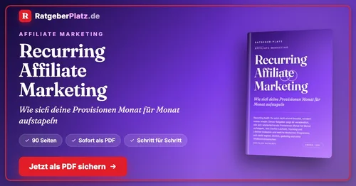Titelgrafik von RatgeberPlatz mit dem Buchcover „Recurring Affiliate Marketing“ und dem Hinweis 90 Seiten, Sofort als PDF
