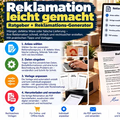 Titelbild des Ratgebers Reklamation leicht gemacht mit Reklamations-Generator auf dem Laptop und einem Musterbrief