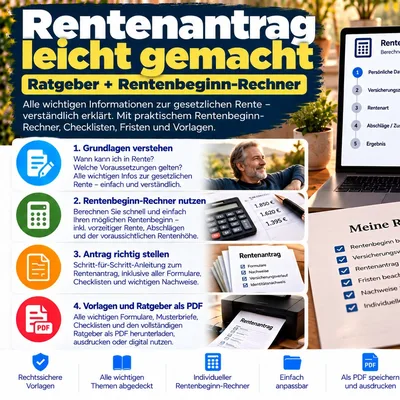 Titelbild des Ratgebers Rentenantrag leicht gemacht mit Rentenbeginn-Rechner und Checkliste für den Rentenantrag