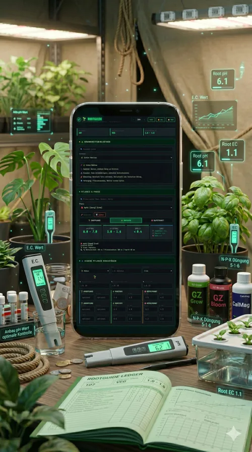 Startbildschirm der Grow-App RootGuide Pflanzen-Kompass
