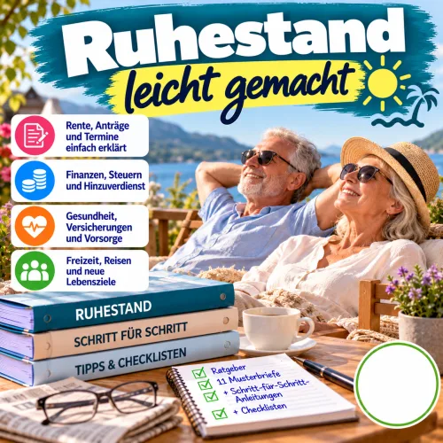 Titelgrafik zu Ruhestand leicht gemacht mit einem älteren Paar in der Sonne und Ratgebern zu Ruhestand und Checklisten