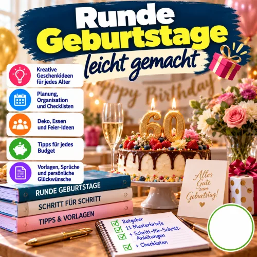 Titelbild des E-Books Runde Geburtstage leicht gemacht mit Geburtstagstorte und Kerzen in Form der Zahl 60
