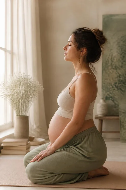 Titelfoto der Verkaufsseite Sanfte Mitte: schwangere Frau in sitzender Yogahaltung vor einem hellen Fenster