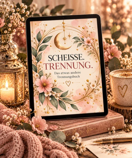 Tablet mit dem Cover „Scheisse. Trennung. – Das etwas andere Trennungsbuch“ in Rosa- und Goldtönen mit Blüten, daneben eine Kerze