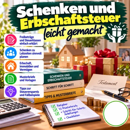 Titelgrafik „Schenken und Erbschaftsteuer leicht gemacht“ mit Geschenken, Taschenrechner, Hausmodell und Testament
