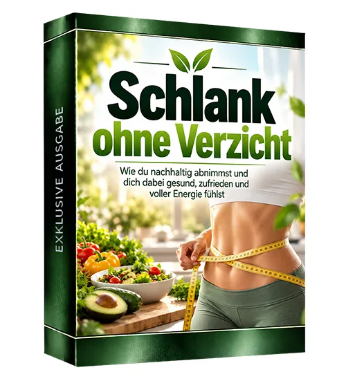 Produktbox „Schlank ohne Verzicht“ mit Gemüseschale, Avocado und Maßband um eine Taille