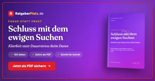 Werbegrafik von RatgeberPlatz mit dem Titel „Schluss mit dem ewigen Suchen“ und einem Buchcover, Hinweis auf 105 Seiten und PDF