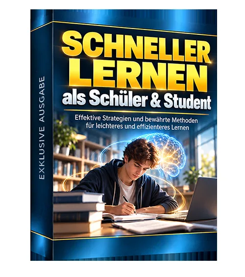 Produktbild des Leitfadens „Schneller lernen als Schüler & Student“ mit lernendem Studenten und Gehirn-Illustration
