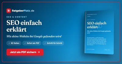 Titelbild des PDF-Ratgebers SEO einfach erklärt von RatgeberPlatz mit Buchmockup