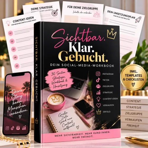 Produktbild des Social-Media-Workbooks Sichtbar. Klar. Gebucht. mit Buch, Arbeitsblättern und Smartphone