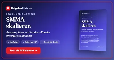 Cover des PDF-Ratgebers SMMA skalieren von RatgeberPlatz mit dem Untertitel Prozesse, Team und Retainer-Kunden systematisch aufbauen