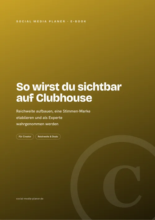 Titelgrafik des E-Books „So wirst du sichtbar auf Clubhouse“ von Social Media Planer in Gold-Braun
