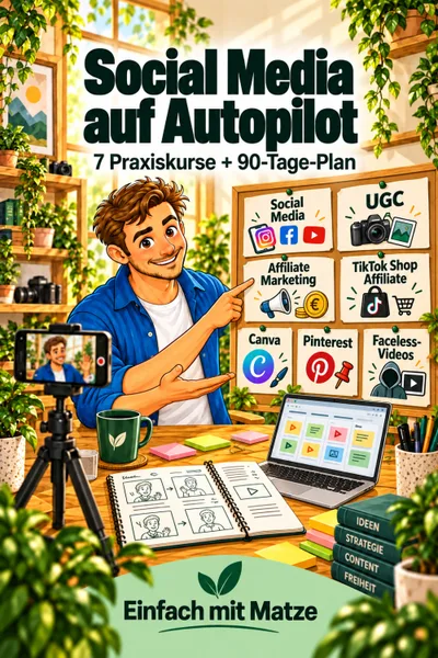 Titelbild des Social Media Megapakets mit Matze mit den sieben Kursthemen und dem 90-Tage-Plan