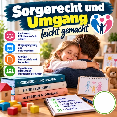 Titelgrafik „Sorgerecht und Umgang leicht gemacht“ mit Vater und Kind, Bücherstapel und Notizblock