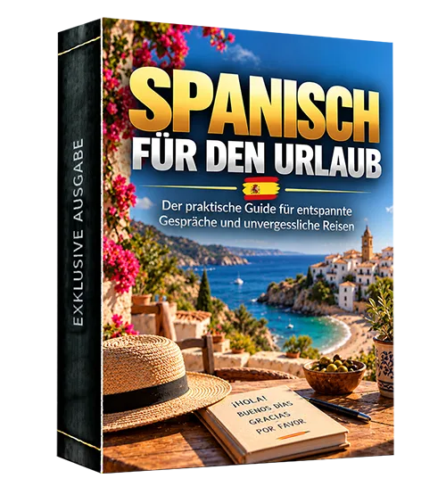 Produktcover „Spanisch für den Urlaub“ mit Küstenstadt, Strohhut und Notizbuch mit spanischen Grußwörtern