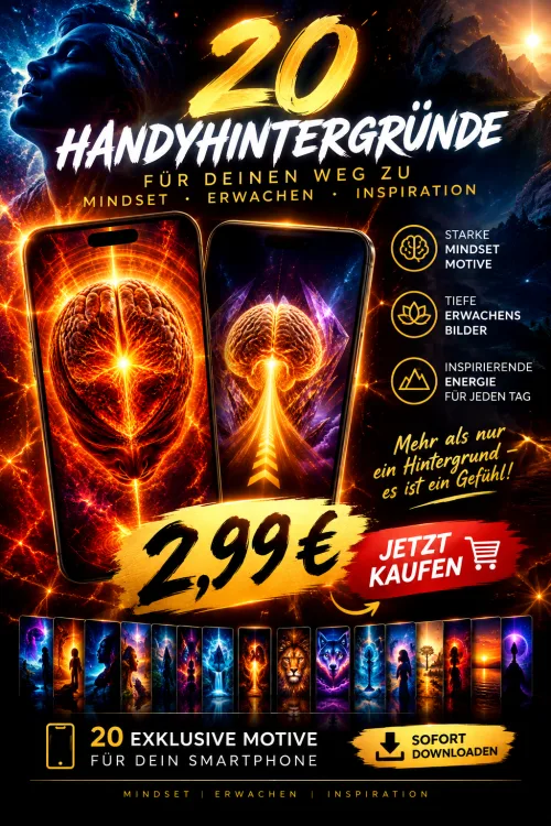 Werbegrafik mit zwei Smartphones und dem Titel „20 Handyhintergründe für deinen Weg zu Mindset, Erwachen, Inspiration“