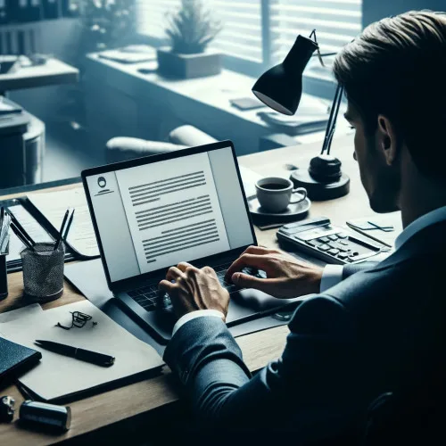 Illustration: Mann am Laptop mit einem Brief auf dem Bildschirm, daneben Kaffeetasse, Stift und Taschenrechner