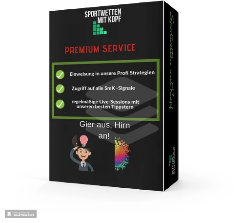 Produktbox Sportwetten mit Kopf Premium Service mit Stichworten zu Strategien, Signalen und Live-Sessions