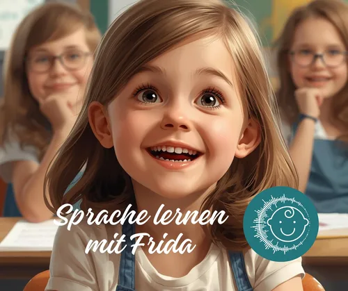Titelbild von Sprache lernen mit Frida: lachendes Kind mit Schriftzug und Logo