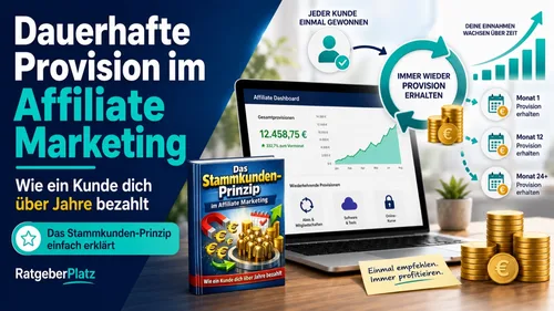Titelgrafik von RatgeberPlatz mit dem Buchcover „Das Stammkunden-Prinzip im Affiliate Marketing“