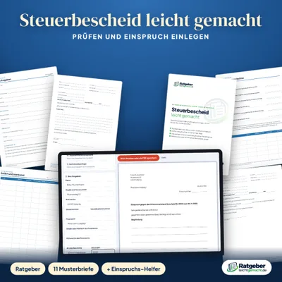 Titelgrafik „Steuerbescheid leicht gemacht – prüfen und Einspruch einlegen“ mit Musterbriefen und Einspruchs-Helfer am Tablet