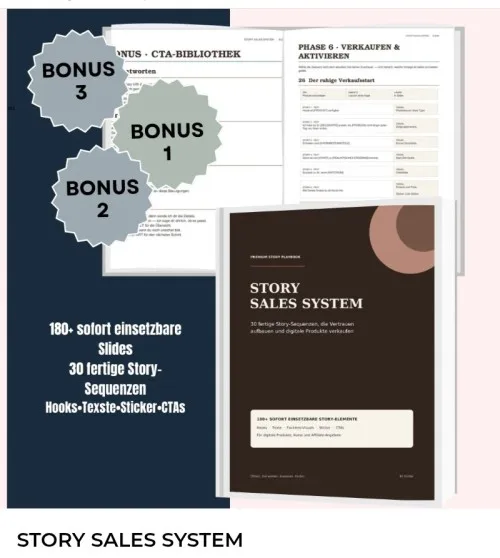 Titelbild des Story Sales System mit PDF-Playbook und dem Hinweis auf 180 einsetzbare Slides und 30 fertige Story-Sequenzen