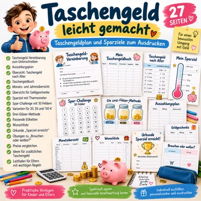 Titelgrafik „Taschengeld leicht gemacht“ mit Zeichenfigur, Sparschwein und Vorlagen wie Taschengeldbuch, Sparziel-Thermometer und Spar-Challenge