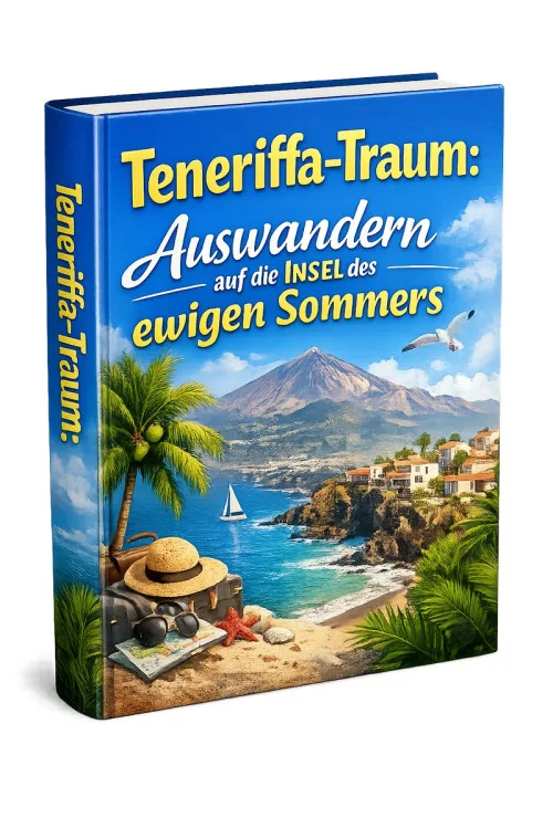 Buchcover „Teneriffa-Traum – Auswandern auf die Insel des ewigen Sommers“ mit Teide, Küste und Strandszene