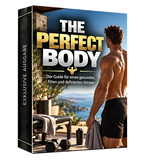 Produktbox des E-Books „The Perfect Body“ mit einem muskulösen Mann am Meer und Hanteln