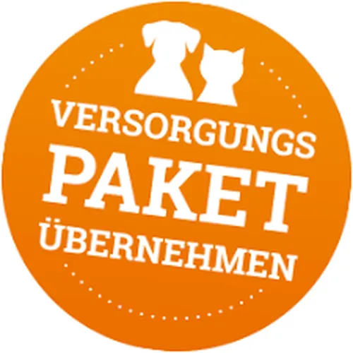 Orangefarbenes Rundsiegel mit Hunde- und Katzensilhouette und dem Schriftzug Versorgungspaket übernehmen